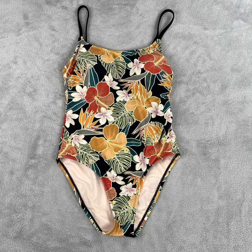 Hurley One Piece Swimsuit M Black Tropical Floral Strappy Back Surf Beach Womens